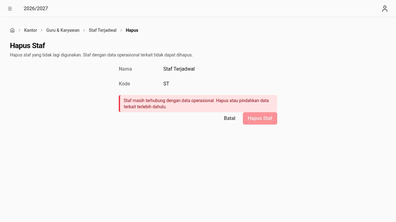 Penghapusan terhalang karena staf terhubung data operasional (desktop)