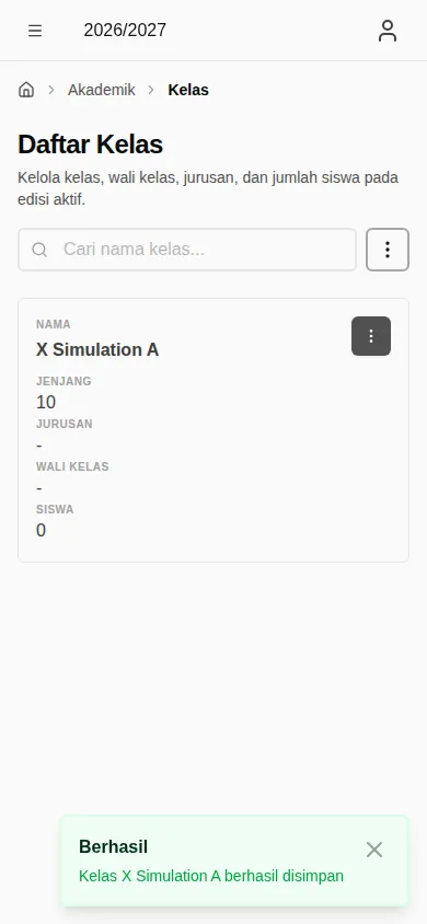 Daftar kelas setelah kelas ditambahkan (mobile)