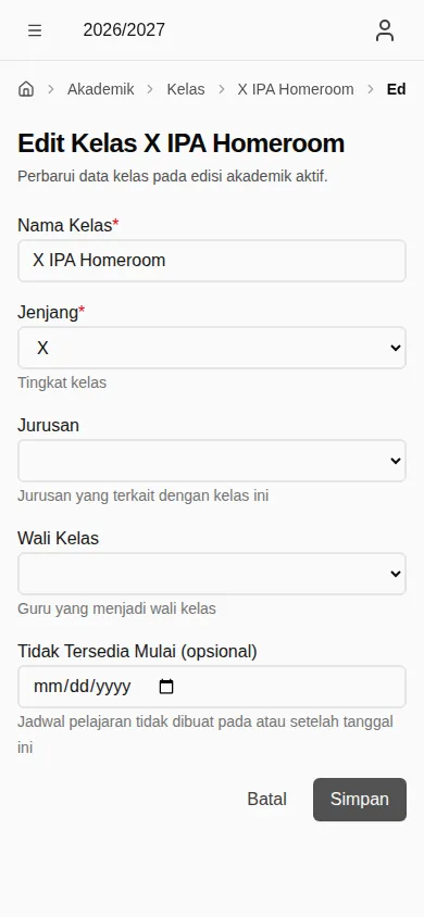 Formulir edit kelas untuk penugasan (mobile)