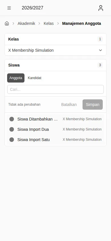 Editor keanggotaan kelas dengan kelas terpilih (mobile)