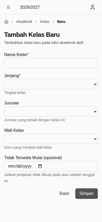 Formulir kelas baru (mobile)