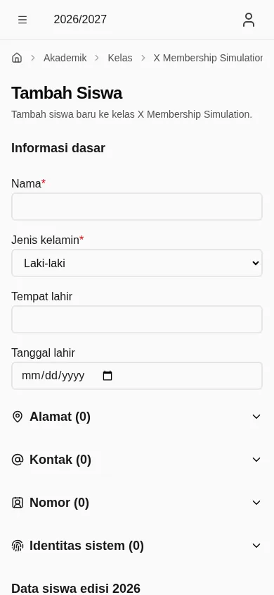 Formulir siswa baru untuk kelas (mobile)