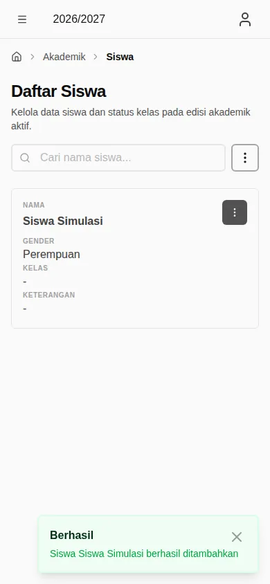 Daftar siswa setelah siswa ditambahkan (mobile)